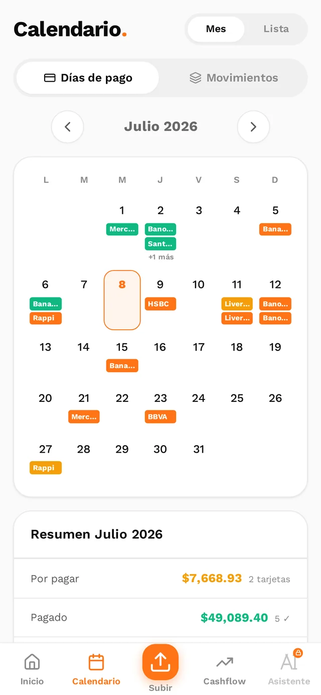 Calendario financiero de Appstos con días de pago por tarjeta